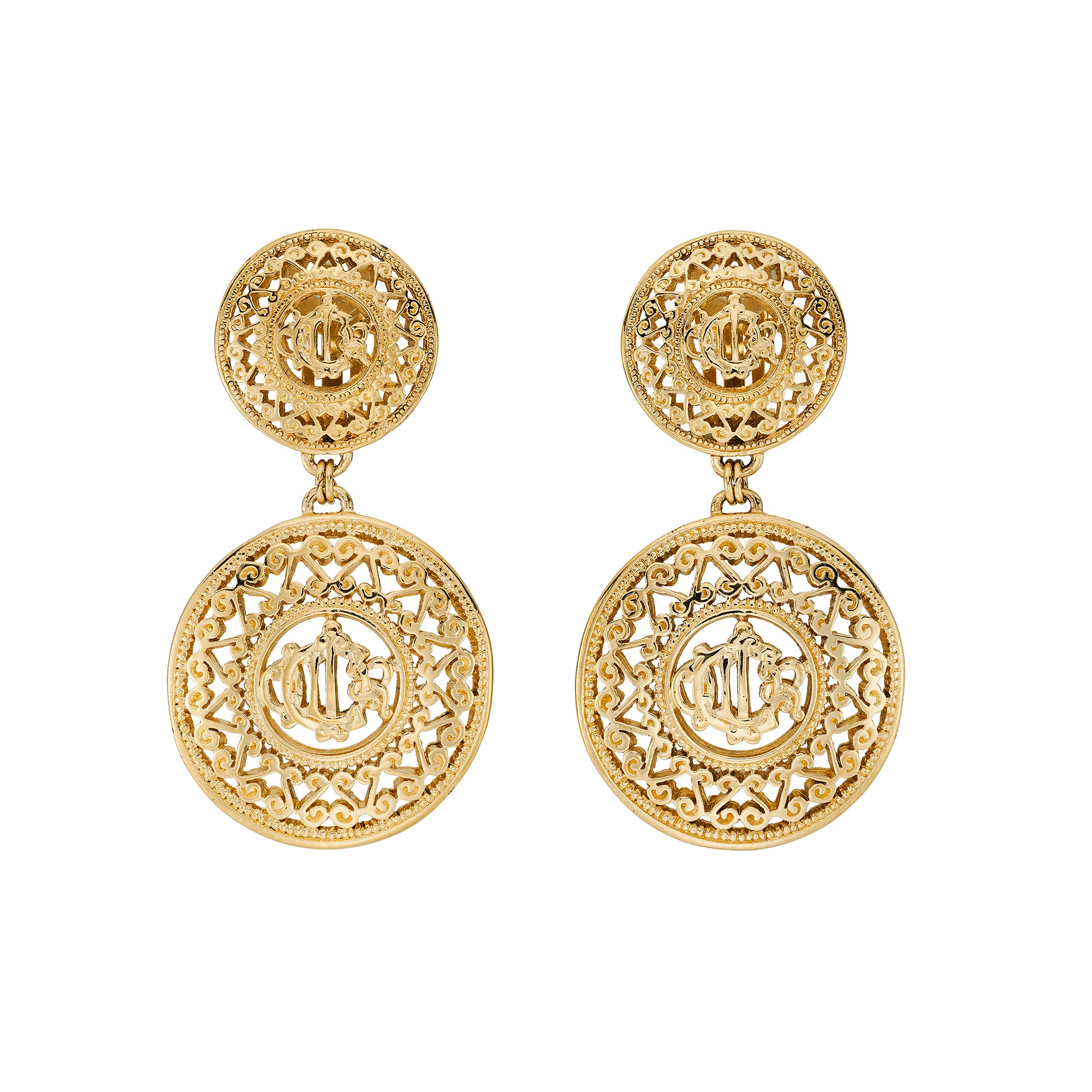 Christian Dior Vintage Gold-Tone CD Medallion Drop Earrings