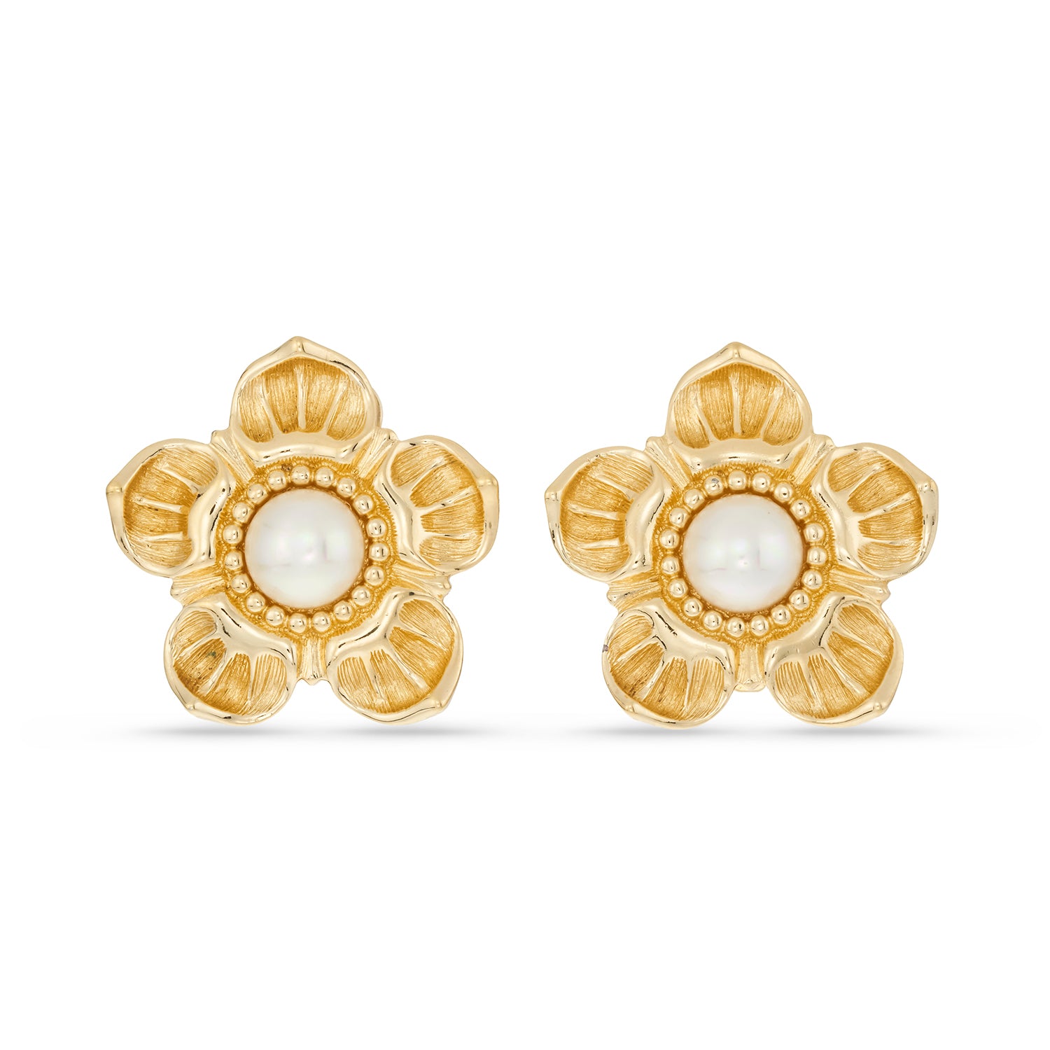 Christian Dior Vintage Gold Flower Clip Earrings with Faux Pearl