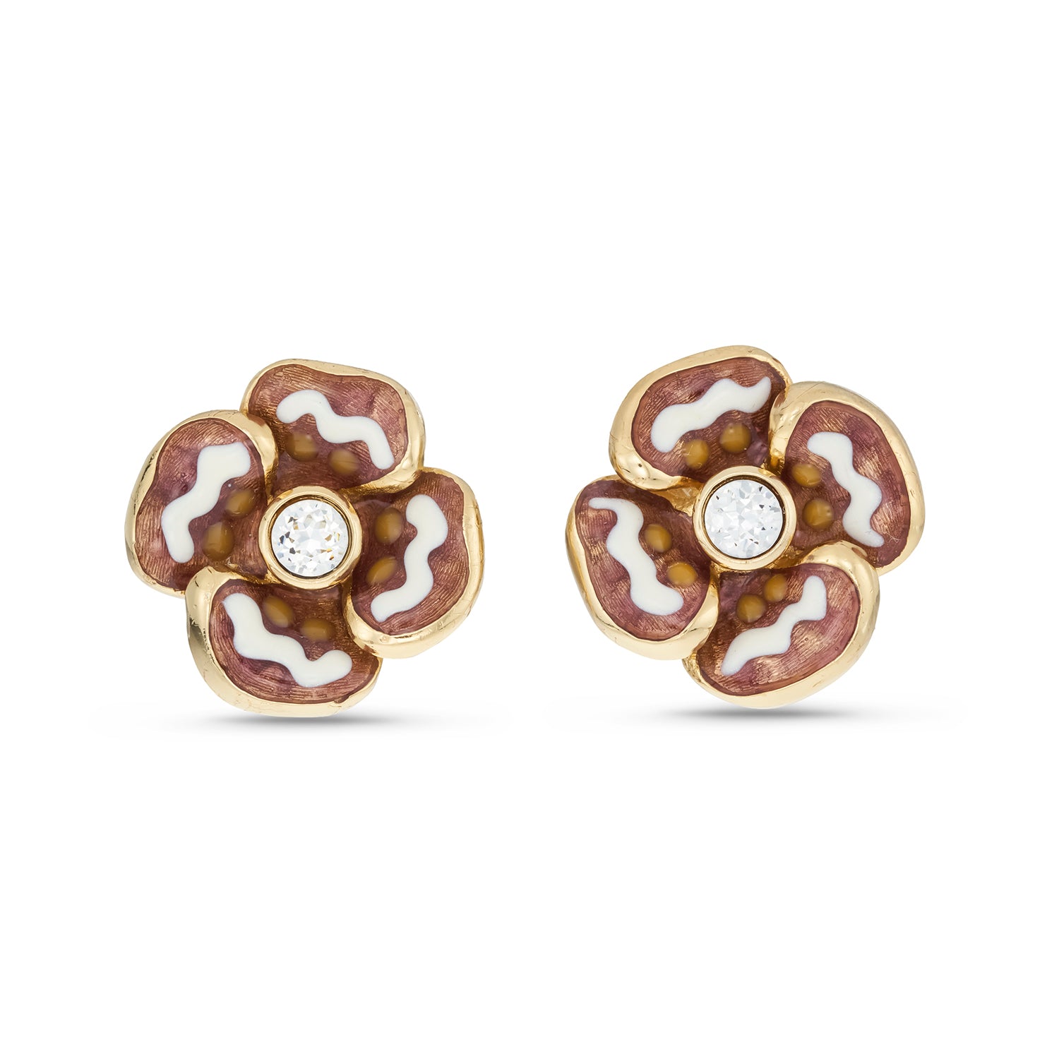 Christian Dior Vintage Brown and Ivory Enamel Flower Clip Earrings with Crystal Centre