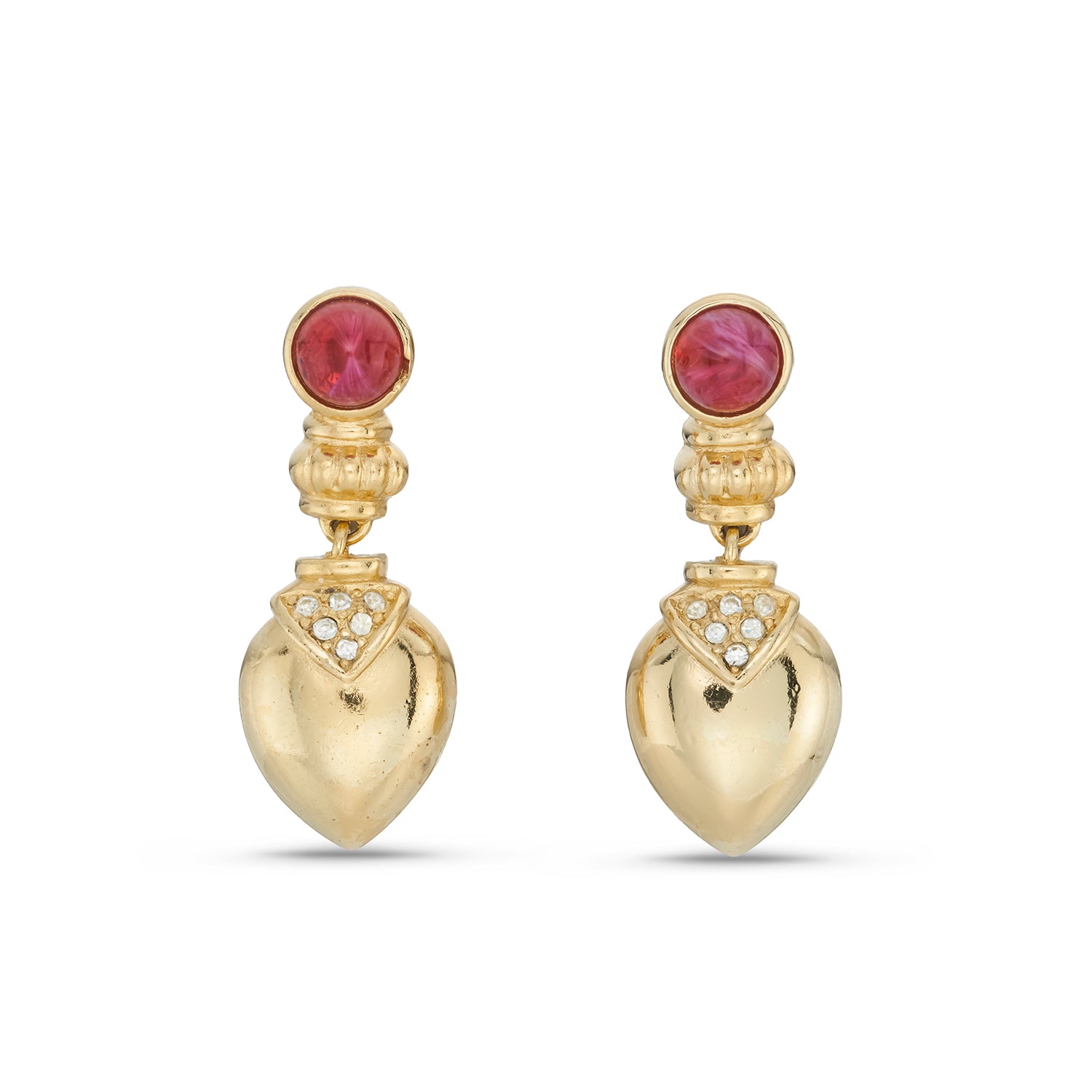 Christian Dior Vintage Gold-Tone Heart Drop Earrings with Pink Cabochons