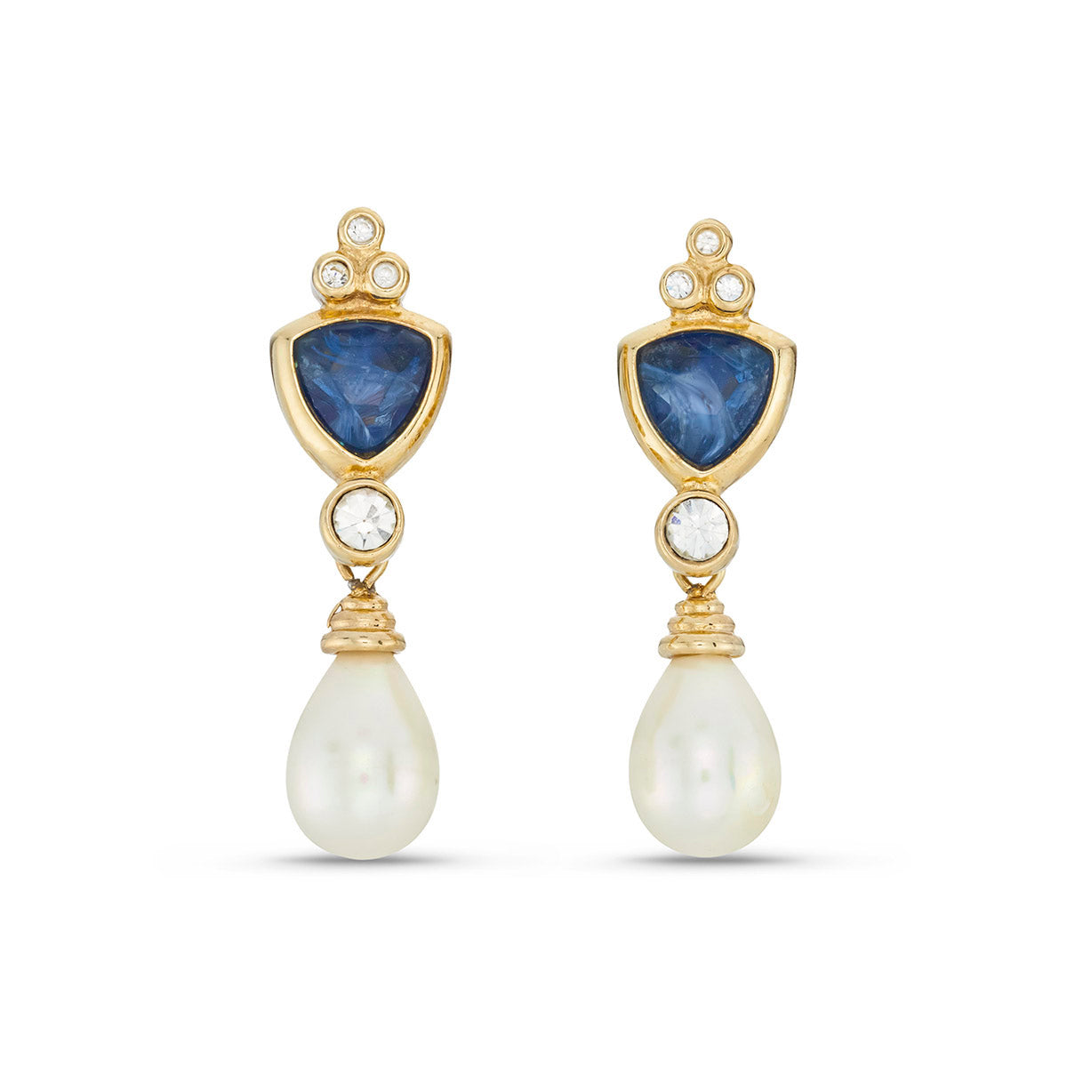 Christian Dior Vintage Blue Cabochon, Crystal & Faux Pearl Drop Earrings