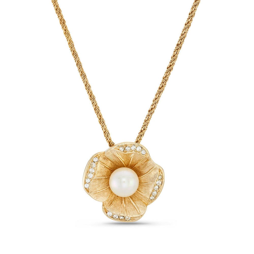 Christian Dior Vintage Gold-Tone Floral Pendant Necklace with Faux Pearl & Crystal Accents